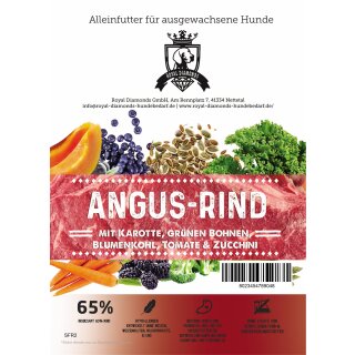 Royal Diamonds Premium Hunde Trockenfutter Angus-Rind mit Karotte, grünen Bohnen, Blumenkohl, Tomate & Zucchini 65% Fleisch