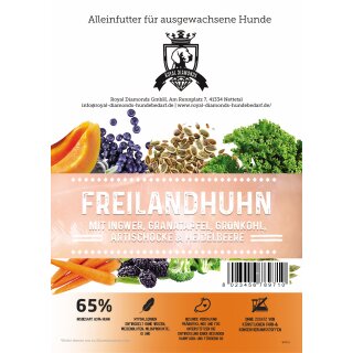 Royal Diamonds Premium Hunde Trockenfutter Freilandhuhn mit Ingwer, Granatapfel, Grünkohl, Artischocke & Heidelbeere 65% Fleisch 12kg