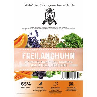 Royal Diamonds Premium Hunde Trockenfutter Freilandhuhn mit Ingwer, Granatapfel, Grünkohl, Artischocke & Heidelbeere 65% Fleisch 2kg
