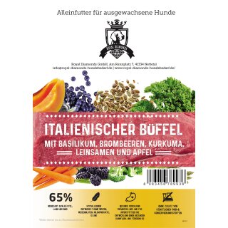 Royal Diamonds Premium Hunde Trockenfutter Italienischer Büffel mit Baslikum, Brombeeren, Kurkuma, Leinsamen und Apfel 65% Fleisch 12kg