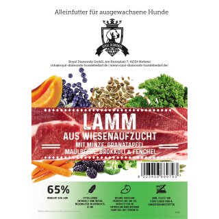 Royal Diamonds Premium Hunde Trockenfutter Lamm aus Wiesenaufzucht mit Minze, Granatapfel, Maulbeere, Brokkoli & Fenchel 65% Fleisch 12kg