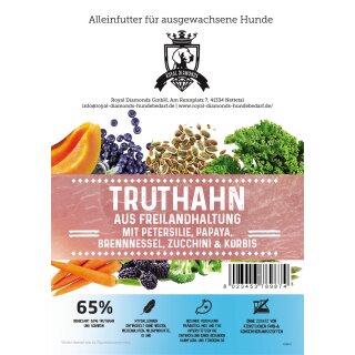 Royal Diamonds Premium Hunde Trockenfutter Truthahn aus Freilandhaltung mit Petersilie, Papaya, Brennnessel, Zucchini & Kürbis 65% Fleisch