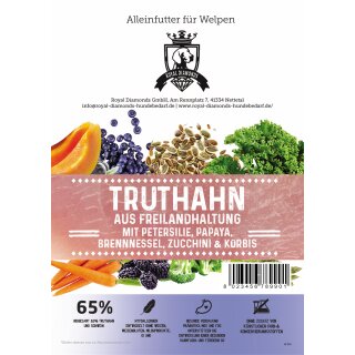 Royal Diamonds Premium Hunde Trockenfutter WelpenTruthahn aus Freilandhaltung mit Petersilie, Papaya, Brennessel, Zucchini und Kürbis 65% Truthahn und Schwein