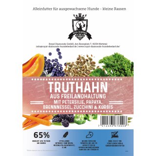 Royal Diamonds Premium Hunde Trockenfutter kleine Rassen Truthahn aus Freilandhaltung mit Petersilie, Papaya, Brennnessel, Zucchini & Kürbis 65% Fleisch 6kg