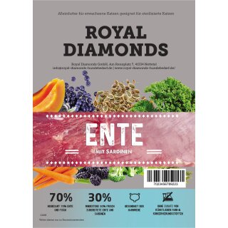 Royal Diamonds Katzen Trockenfutter für sterilisierte erwachsene Katzen Ente mit Sardinen 70% Ente & Fisch